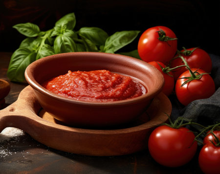 Closeup of tomato paste with ingredients in bowl on tray deliciousの素材