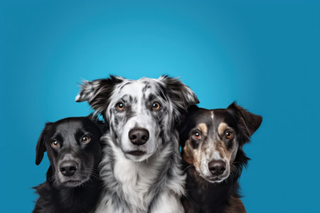 Close up of three dogs heads Isolated on blue backgroundの素材
