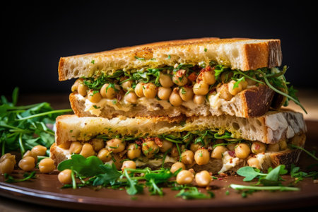 Close up view of a sandwich made with sourdough bread hummus fresh parsley chickpeas and olive oilの素材