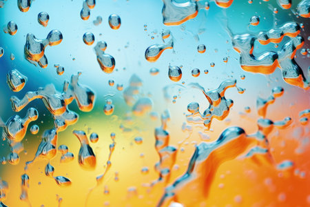 Colorful soap and water droplets create an abstract texture on a car windshield in an auto washの素材