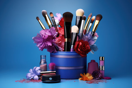 Cosmetic items with blue backdrop and brushes on podiumsの素材