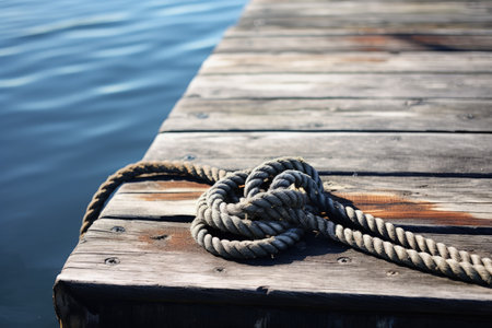 Dark water below boat rope tied to cleat on wooden dockの素材