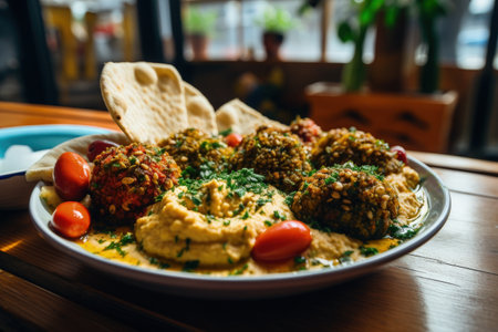 Eating flavorful Falafel with Hummus and spices from Jaffa Tel Aviv on the Mediterraneanの素材