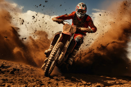 Dust rises in the wake of a loud motocross riderの素材