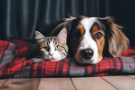Cute cat and dog under plaid indoorsの素材