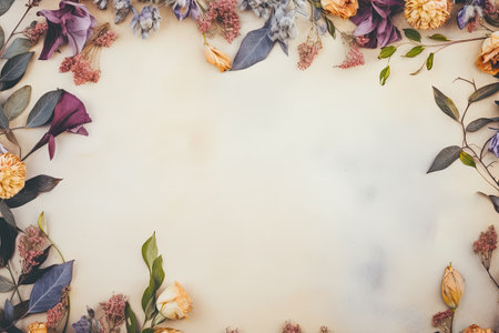 Floral border background with dried eucalyptus leaves and flowers in retro styleの素材