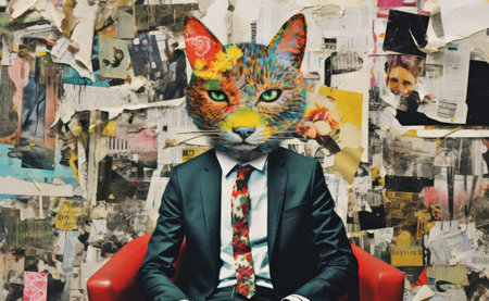 Failed worker with stressed human body and cat headed mind Collage of contemporary art abstract magaの素材