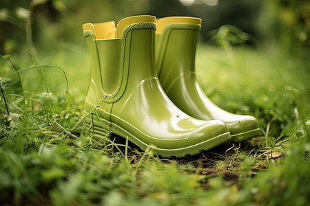 Farmer s green rubber boots in the garden during autumn seasonの素材