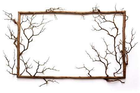 Flat lay top view of a white background with isolated branches both dry and freshの素材