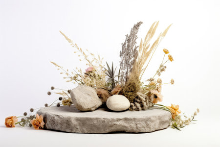 Front view of a white background with a stone podium and a dry flowerの素材