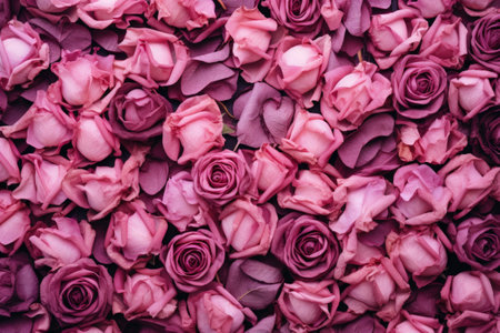 Dry rose flowers arranged in a top view pattern flat on a surfaceの素材