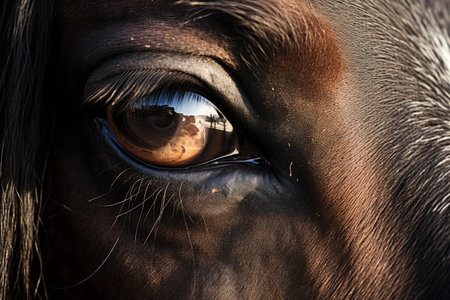 Friesian horse s brown eye sunlit emphasizing lashes Text space on right sideの素材