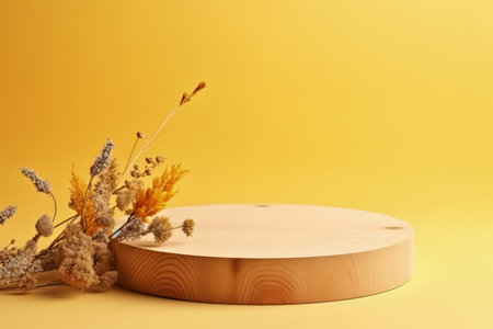 Front view of wooden podium with dried flowers for product presentation on beige and yellow backgrouの素材