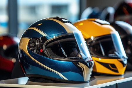 Focused motorcycle helmets on a motorcycleの素材