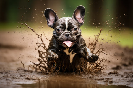 French Bulldog enjoying muddy playの素材