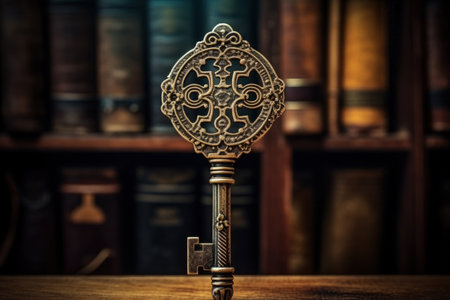 Gothic style macro shot of an ancient key in a keyhole symbolizes knowledge and serves as a conceptの素材