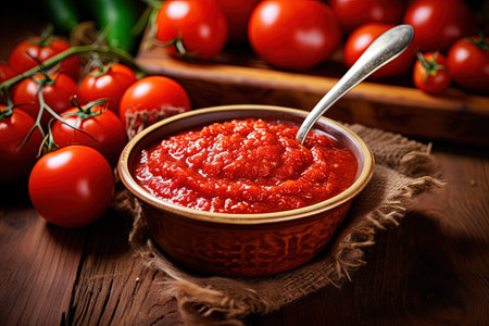 Fresh tomatoes and homemade healthy food on a wooden table with Turkish tomato paste in a bowl or spの素材