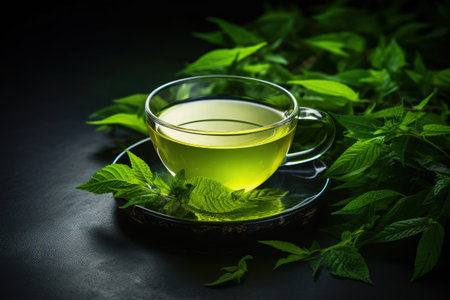 Green tea and leaves in a cupの素材