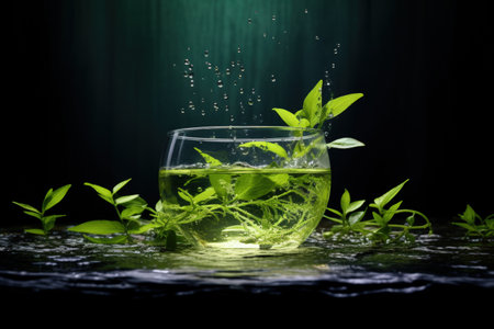 Green tea with leaves steeped in waterの素材