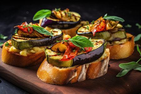 Grilled vegetables and hummus on toastの素材