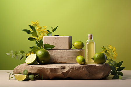 Front view of a minimal beauty product presentation with lime ingredients on a stone podium along wiの素材
