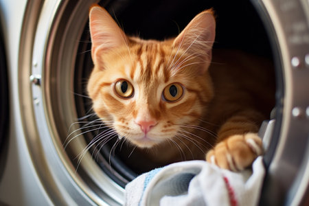 Ginger tabby cat lying on bathroom washing machine adorable closeupの素材