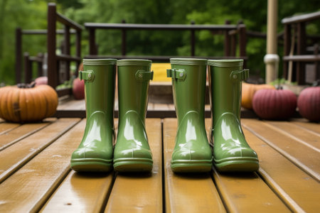 Green wellington boots placed on a wooden deckの素材
