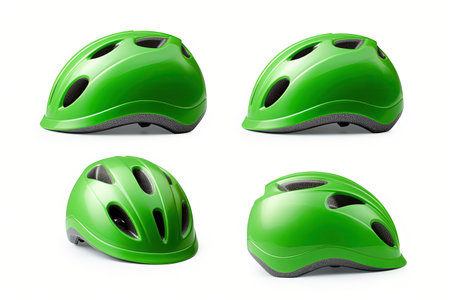 Green bicycle helmets with multiple angles Isolated on whiteの素材