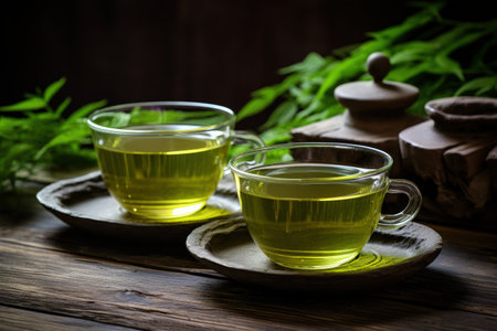 Green tea cups on wooden tableの素材