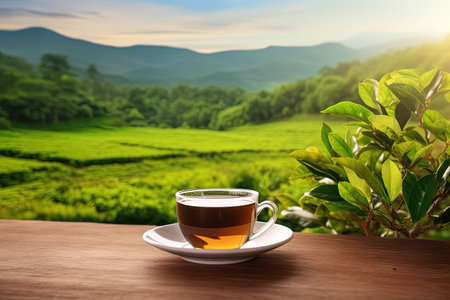 Green tea leaf on wooden table with tea plantations backgroundの素材