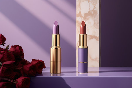 Lipsticks placed on table near lilac wallの素材