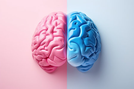 Male and female brains depicted on divided blue and pink background symbolizing their union or diverの素材