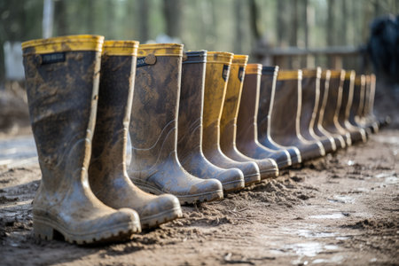 Line of soiled rubber boots from construction workの素材