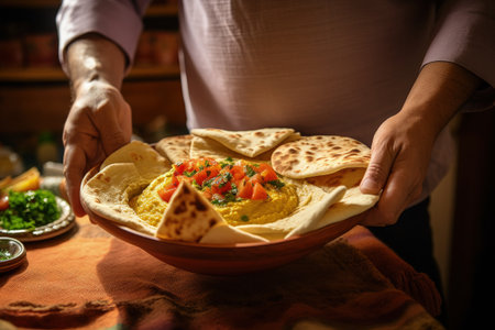 Man dipping pita in hummus plateの素材