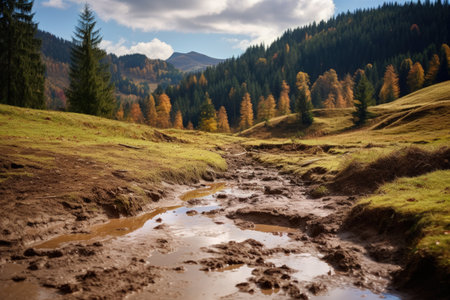Muddy puddle with disgusting mud on path Carpathian mountains beautiful autumn hillsの素材