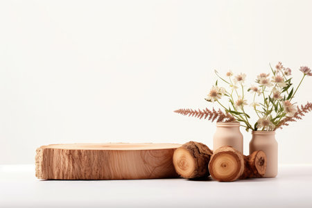 Minimal style mock up of wooden log and dry flowers on white background Abstract empty podium for orの素材