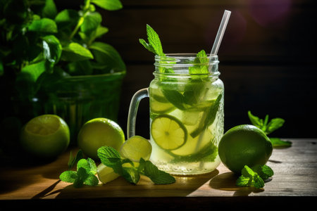 Mason jar containing mojito lemonade with lime slices mint leaves shaker and spoon on wooden tableの素材