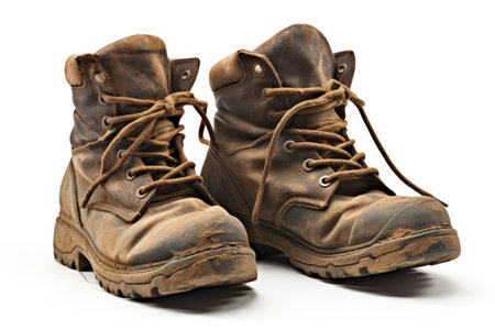 Muddy boots left on white backgroundの素材