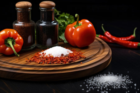 Peppers being shredded with cooking tools on a black table with free space and sharp salt shakerの素材