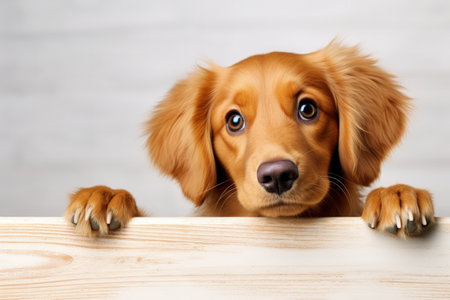 Mixed breed retriever dog holding empty sign for your marketing messageの素材
