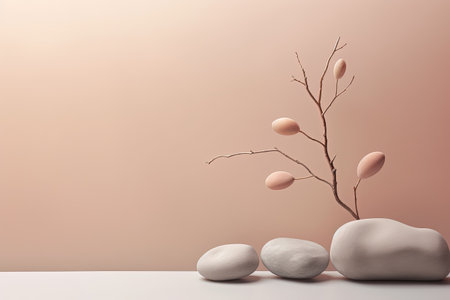 Neutral beige background with stones dry branch Suitable for cosmetic branding natural pastel colorsの素材