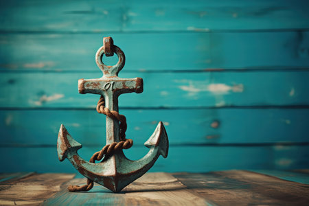 Nautical anchor on aqua background resting on wooden tableの素材