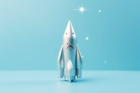 Minimalistic holiday concept with silver rocket on pastel blue background a creatively composed compの素材