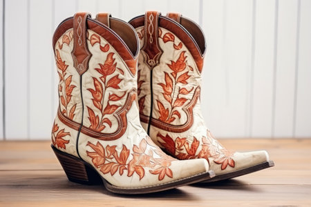 Patterned women s fashion boots on white floor boardsの素材