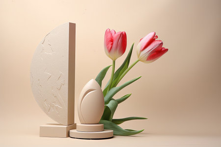 Plaster podium adorned with lipstick and tulip on beige backdropの素材