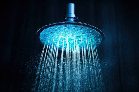 Photograph of a blue toned shower head capturing water drops with bokhe and streamsの素材