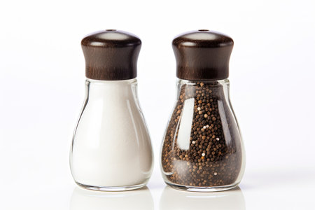 Salt and black pepper in shakers isolated on whiteの素材