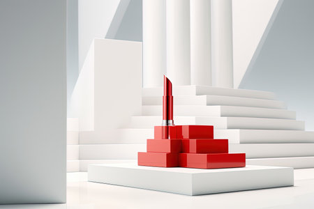 Red lipsticks arranged on a white staircase with shapes and a podium Ideal backdrop for showcasing bの素材