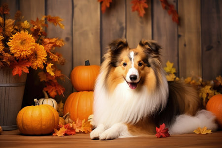 Shetland Sheepdog known as Sheltie with pumpkins during fall season and Halloween holidays often celの素材