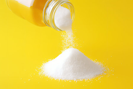 Salt pouring out of a shaker seen from above on yellow backgroundの素材